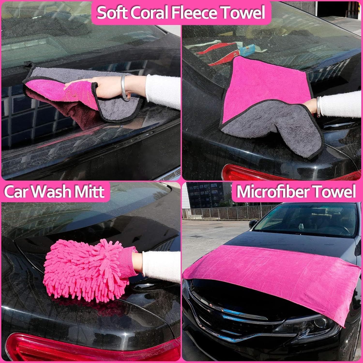 THINKWORK 17Pcs Car Cleaning Kit with Storage Box, Pink Car Washing Gift for Women - Cleaning Gel, Microfibre Cloth, Wheel Brush, Mitt, Duster, Squeegee - for Car Interior and Exterior Cleaning-3