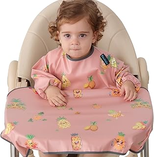 PewinGo Weaning Bib Attaches and Fully Cover to Baby Highchair, Long Sleeves Bib with Waterproof, Machine Washable & Comfortable,Easy to Clean, Suitable for BLW 6 Month to 3 Years Old-Pink