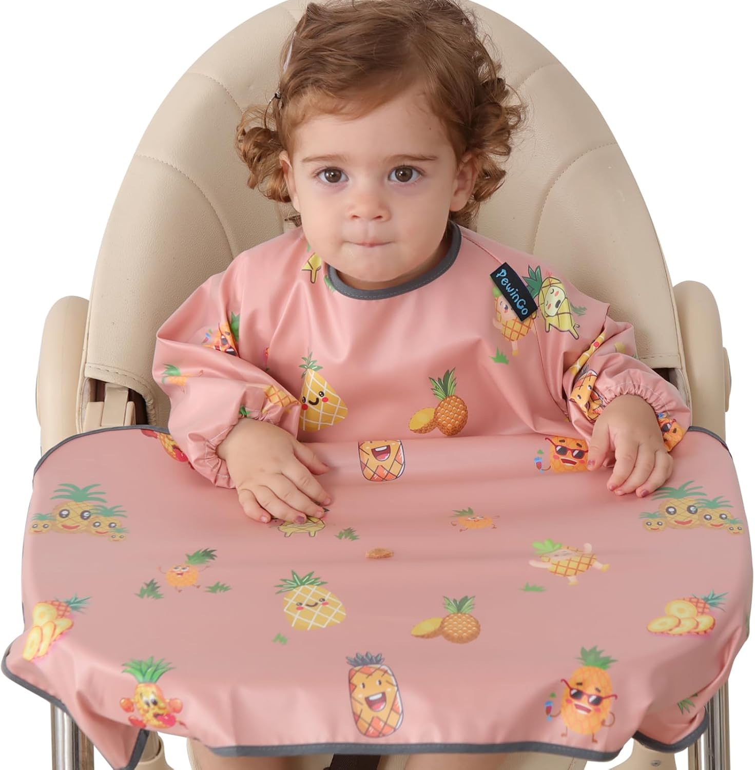 PewinGo Weaning Bib Attaches and Fully Cover to Baby Highchair, Long Sleeves Bib with Waterproof, Machine Washable & Comfortable,Easy to Clean, Suitable for BLW 6 Month to 3 Years Old-Pink-0