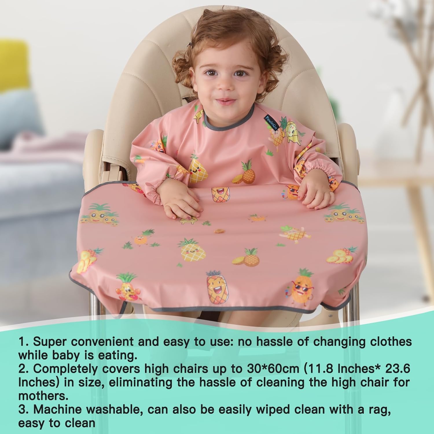 PewinGo Weaning Bib Attaches and Fully Cover to Baby Highchair, Long Sleeves Bib with Waterproof, Machine Washable & Comfortable,Easy to Clean, Suitable for BLW 6 Month to 3 Years Old-Pink-1