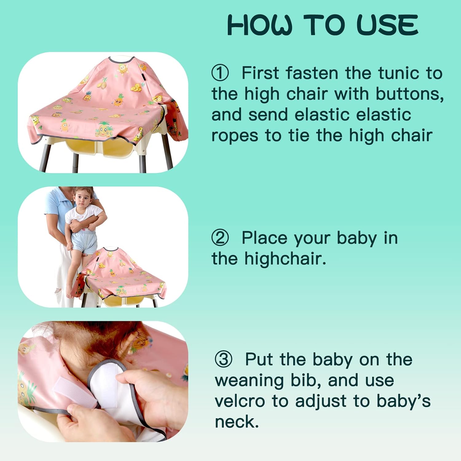 PewinGo Weaning Bib Attaches and Fully Cover to Baby Highchair, Long Sleeves Bib with Waterproof, Machine Washable & Comfortable,Easy to Clean, Suitable for BLW 6 Month to 3 Years Old-Pink-3