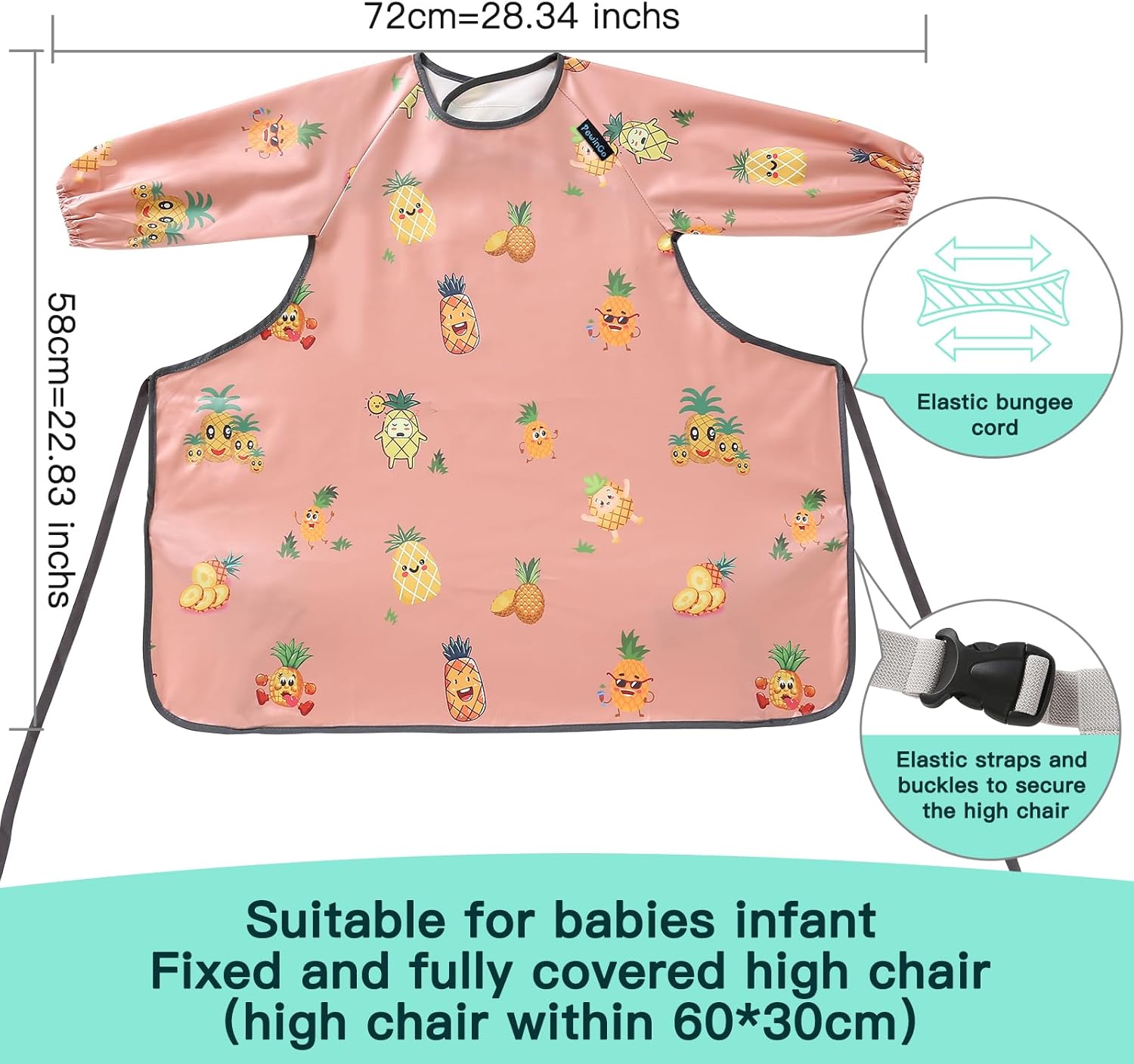 PewinGo Weaning Bib Attaches and Fully Cover to Baby Highchair, Long Sleeves Bib with Waterproof, Machine Washable & Comfortable,Easy to Clean, Suitable for BLW 6 Month to 3 Years Old-Pink-4