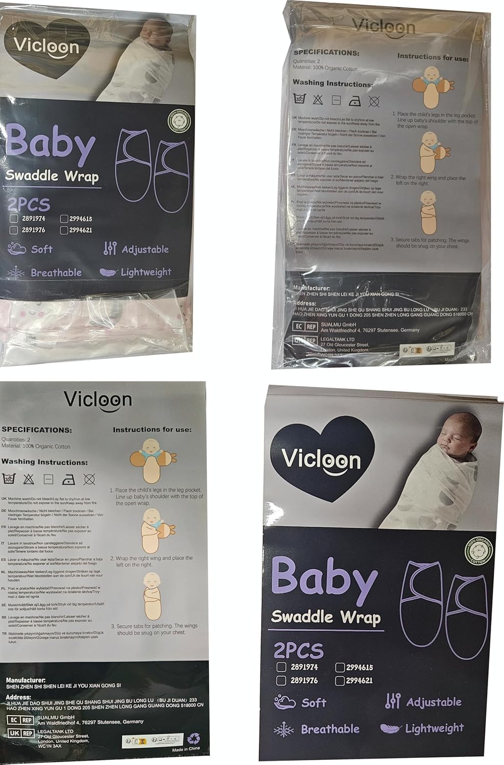 Vicloon Baby Swaddle Wrap, 2 pcs Newborn Swaddle Blanket Wrap, Organic Cotton Baby Blanket Wrap for Baby 0-3 Months 7-14lbs-7