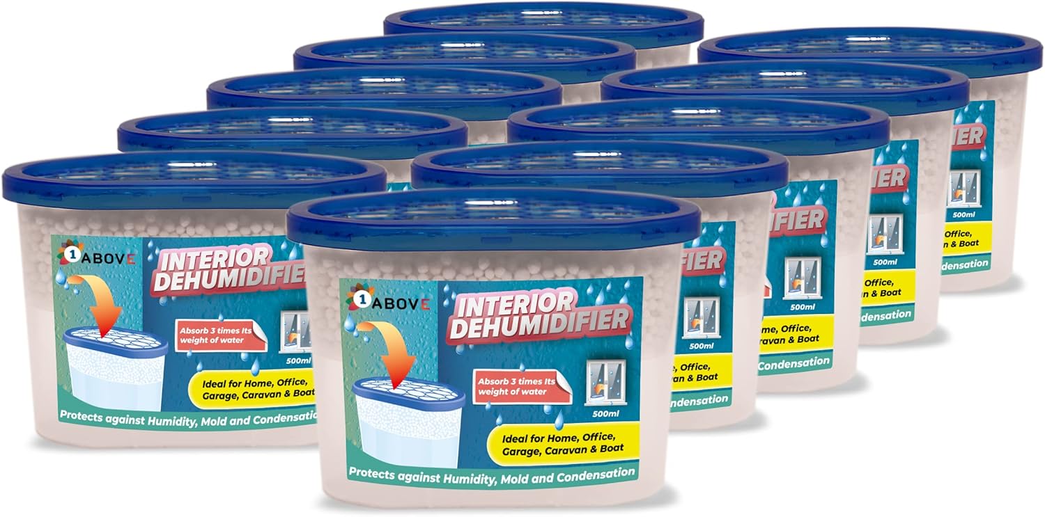 1ABOVE Dehumidifier 500ml Pack of 10| Condensation Remover Moisture Absorber, Dehumidifiers for Damp, Mould, Moisture in Home, Kitchen, Wardrobe, Bedroom, Caravan, Office, Garage, Basement-0