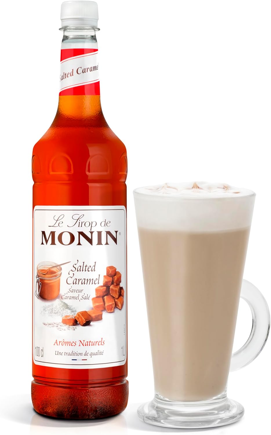 MONIN Premium Salted Caramel Syrup 1L for Coffee and Cocktails. Vegan-Friendly, Allergen-Free, 100% Natural Flavours and Colourings. Salted Caramel Coffee Syrup-1