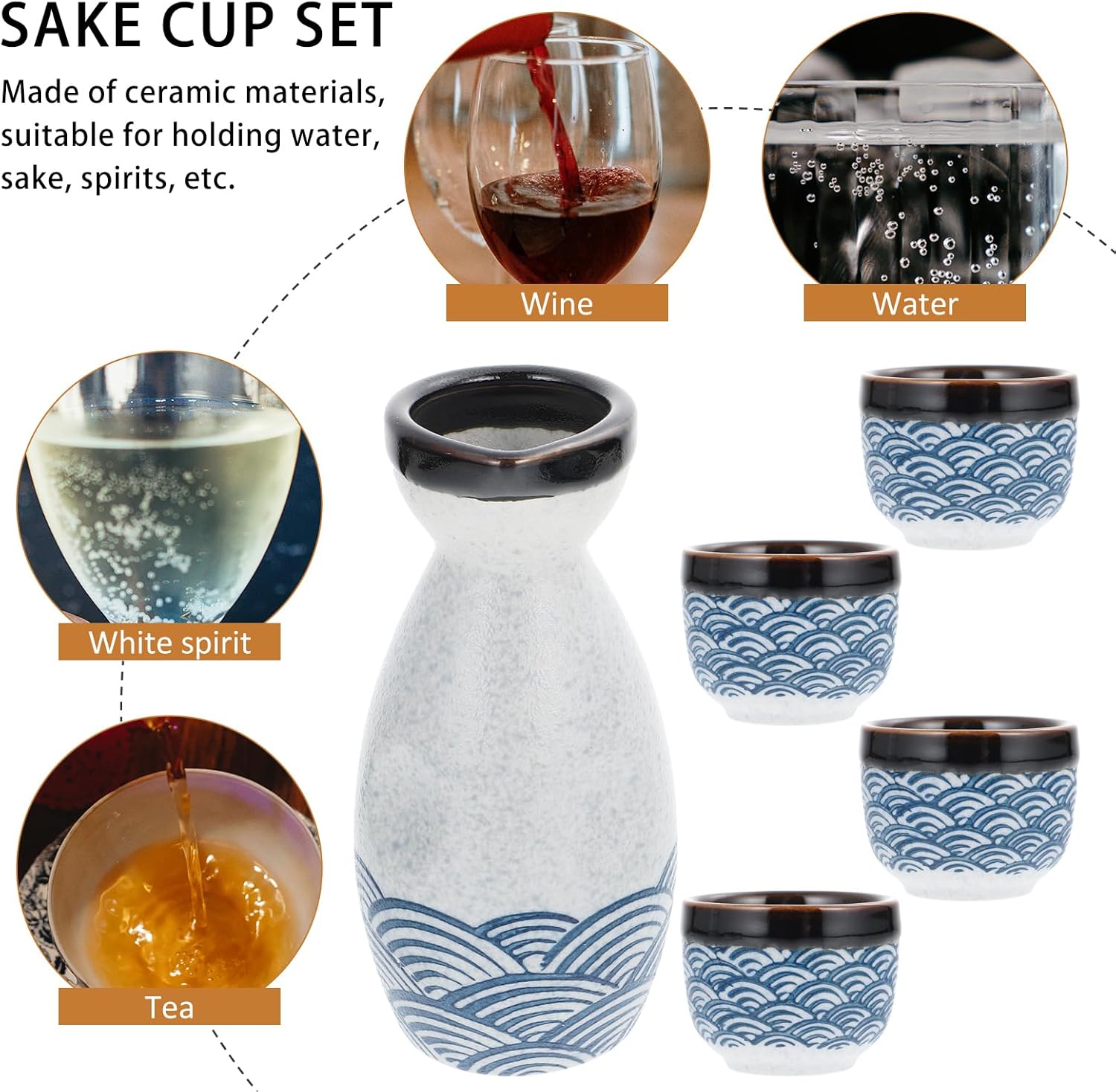 DOITOOL Japanese Sake Set Ceramic Sake Set - 1 Sake Pot and 4 Sake Cups - Traditional Sake Set Wine Glasses Tea Cups Sake Cups - Porcelain Sake Set for Warmers-5