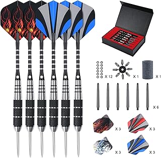 flintronic 6 Pack Steel Darts Set,Professional 22g Darts Tip with Non-slip Stainless Steel Shaft,4 Style Poly Flights,PVC Shafts,Dart Sharpener,Rubber Rings,Flight Protecter,with an Gift Box