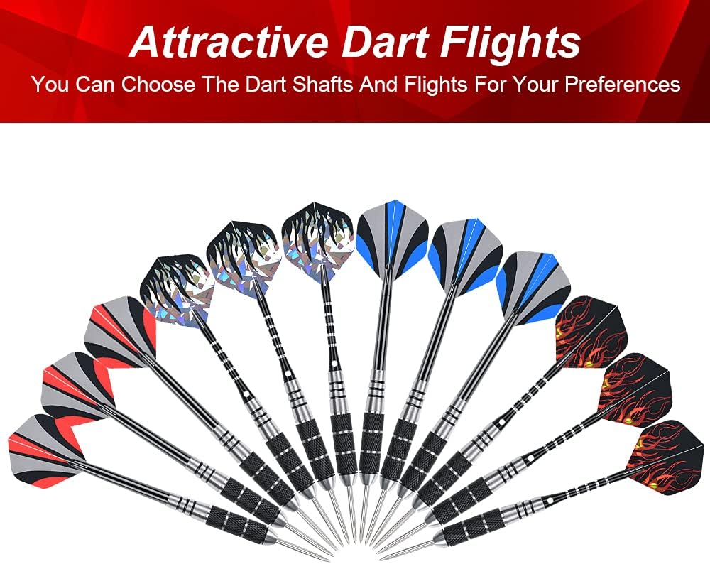 flintronic 6 Pack Steel Darts Set,Professional 22g Darts Tip with Non-slip Stainless Steel Shaft,4 Style Poly Flights,PVC Shafts,Dart Sharpener,Rubber Rings,Flight Protecter,with an Gift Box-1