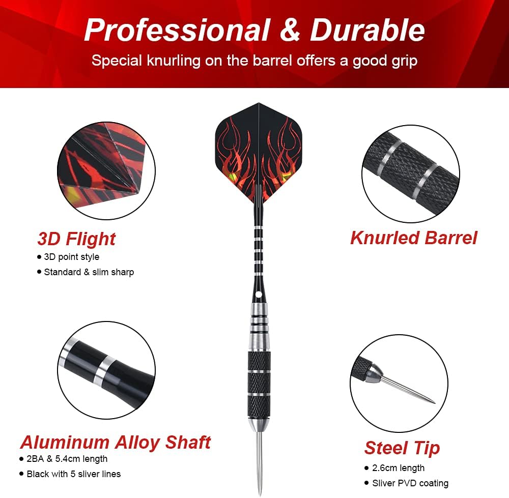 flintronic 6 Pack Steel Darts Set,Professional 22g Darts Tip with Non-slip Stainless Steel Shaft,4 Style Poly Flights,PVC Shafts,Dart Sharpener,Rubber Rings,Flight Protecter,with an Gift Box-2