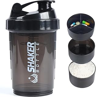 VIGIND Protein Shaker Bottle,Leak Proof Sports Water Bottle for Protein Mixer- Non Slip 3 Layer,16 oz Shake Cup with Pill Tray Storage (Black)