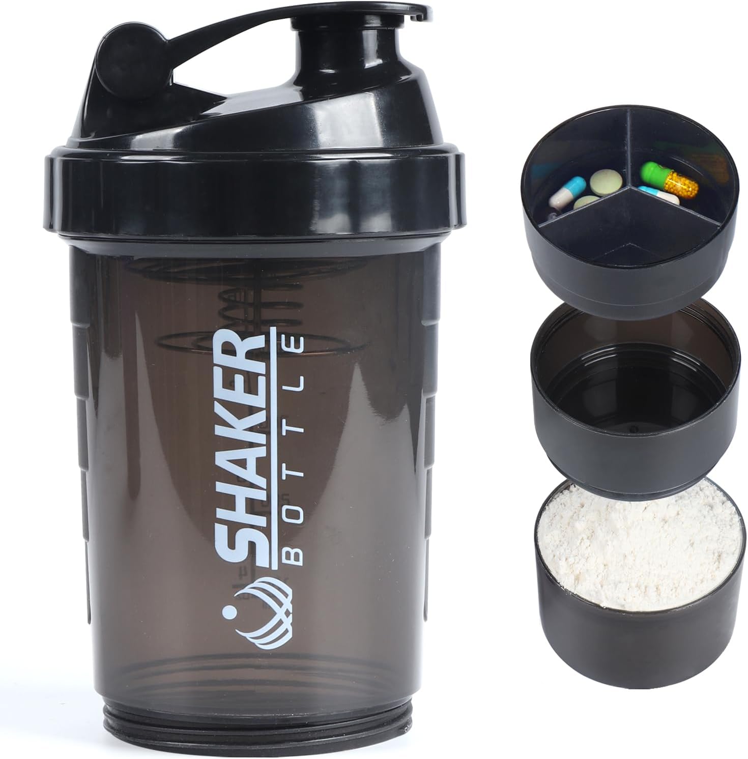 VIGIND Protein Shaker Bottle,Leak Proof Sports Water Bottle for Protein Mixer- Non Slip 3 Layer,16 oz Shake Cup with Pill Tray Storage (Black)-0