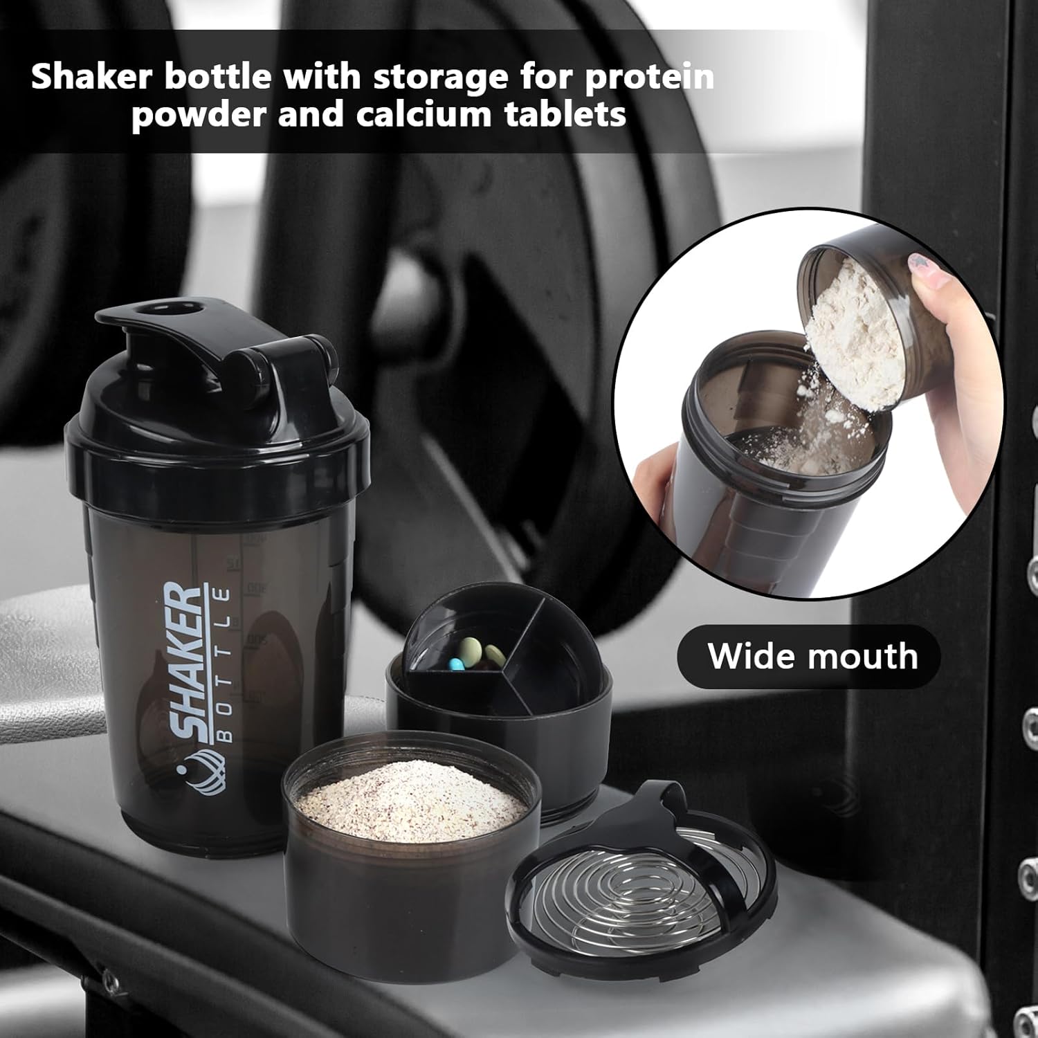 VIGIND Protein Shaker Bottle,Leak Proof Sports Water Bottle for Protein Mixer- Non Slip 3 Layer,16 oz Shake Cup with Pill Tray Storage (Black)-3