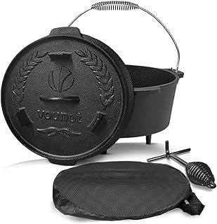 VOUNOT Dutch Oven 9 Liters, Pre-Seasoned Cast Iron Pot with Carry Bag, Feet, Lid Lifter, Spiral Handle and Slot for Thermometer, for Camping, Cooking Baking