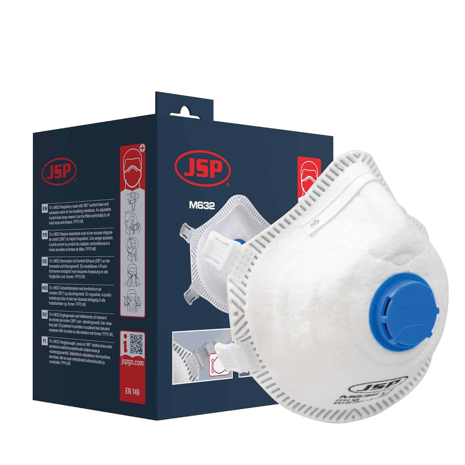 JSP M632 FFP3moulded Disposable Dustmask (Box of 10) One Size suitable for Construction, DIY, Industrial, Sanding, dust protection 99 Percent particle filtration Conforms and Complies to EN 149-0