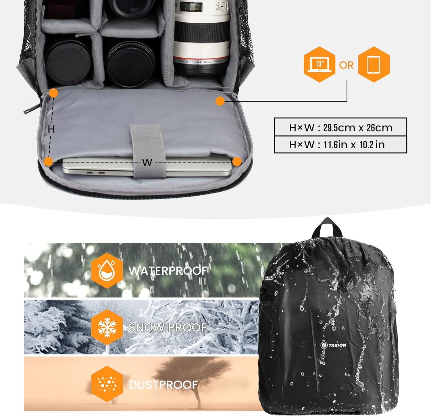 TARION Camera Backpack Waterproof Case Bag with Laptop Compartment and Rain Cover for DSLR SLR Camera Lens Flash Accessories-4