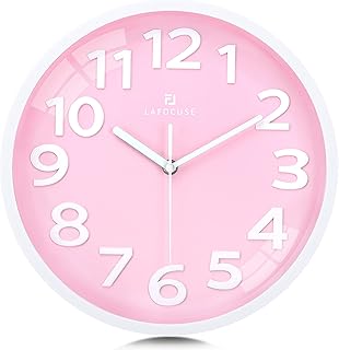 Lafocuse 12 Inch 3D Numbers Pink Wall Clock for Living Room Decor, Modern Wall Clock Kitchen Battery Operated Silent Non-Ticking Bedroom Home Office