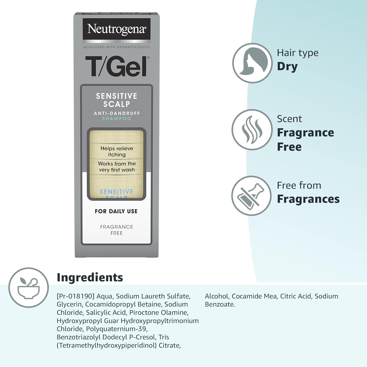 Neutrogena T/Gel Anti Dandruff Shampoo for Sensitive Scalp (1x 150ml), Daily Anti-Dandruff Shampoo with Salicylic Acid, Fragrance-Free Shampoo for Sensitive Skin to Fight Dandruff from First Wash-8