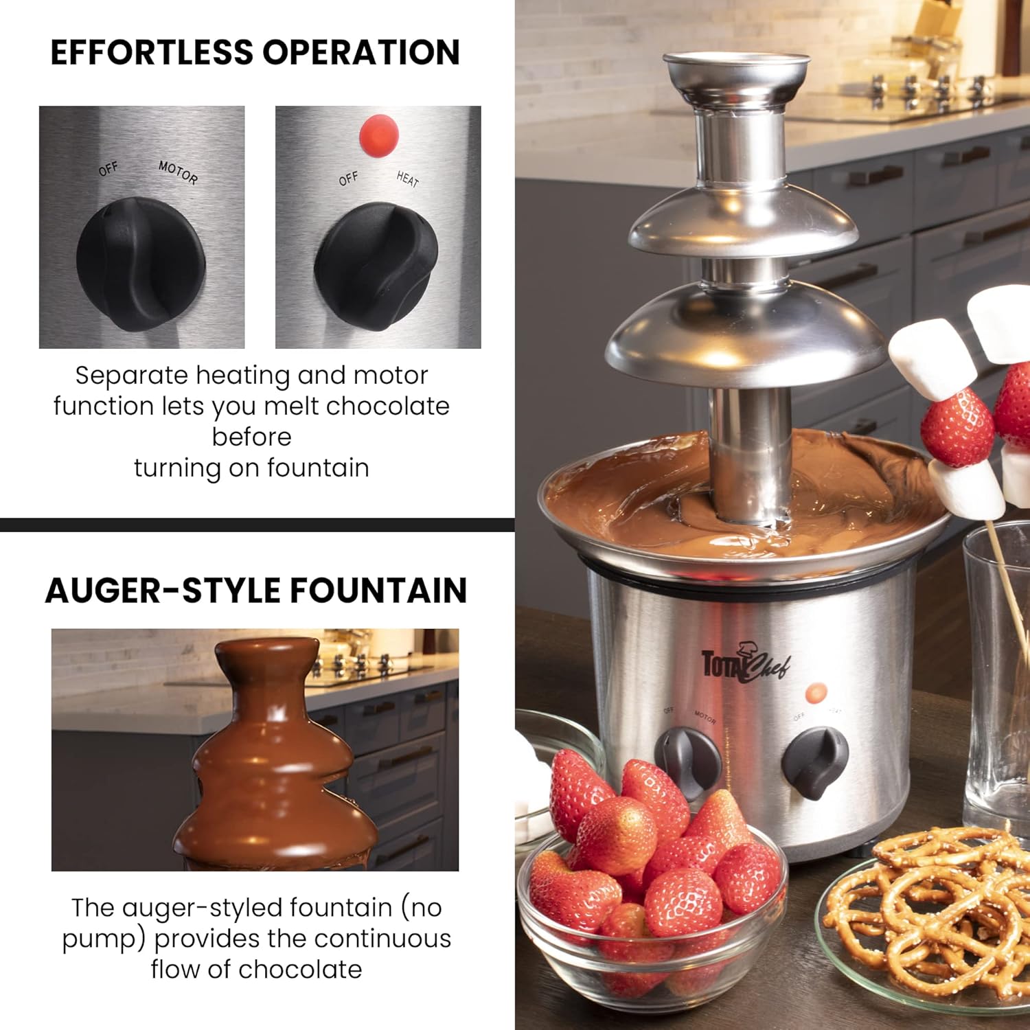 Total Chef Large Chocolate Fountain Fondue Set, 1.5 lbs (680 g) Capacity, Electric 3 Tier Machine with Hot Melting Pot Base,Adjustable Temperature, Easy to Assemble, Ideal for Birthday Party, Buffet-4