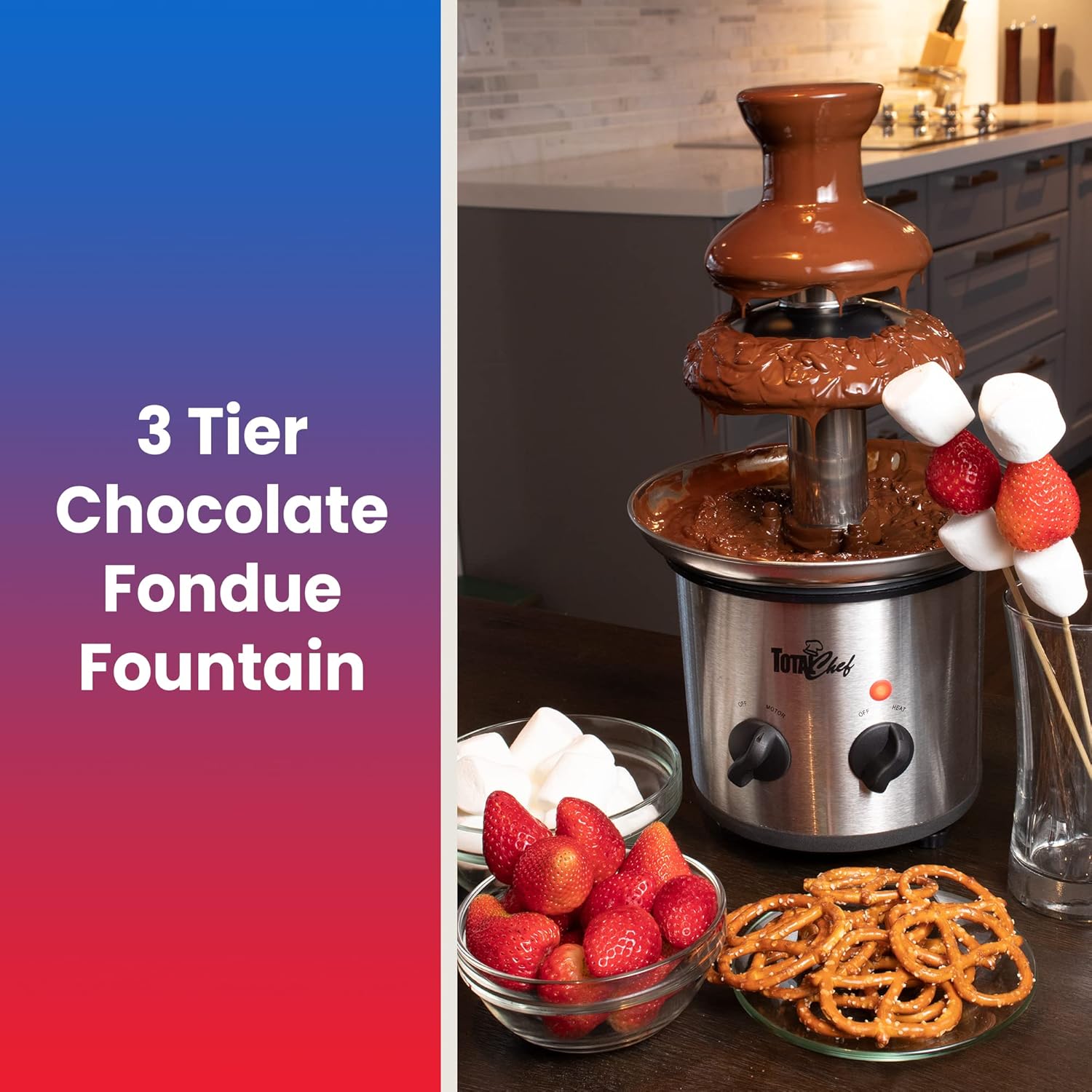 Total Chef Large Chocolate Fountain Fondue Set, 1.5 lbs (680 g) Capacity, Electric 3 Tier Machine with Hot Melting Pot Base,Adjustable Temperature, Easy to Assemble, Ideal for Birthday Party, Buffet-6