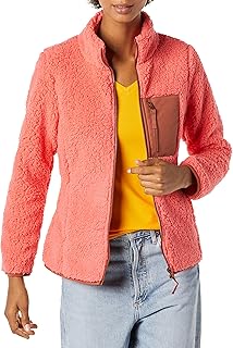 Amazon Essentials Women's Sherpa Long-Sleeve Mock Neck Full-Zip Jacket With Woven Trim (Available in Plus Size)