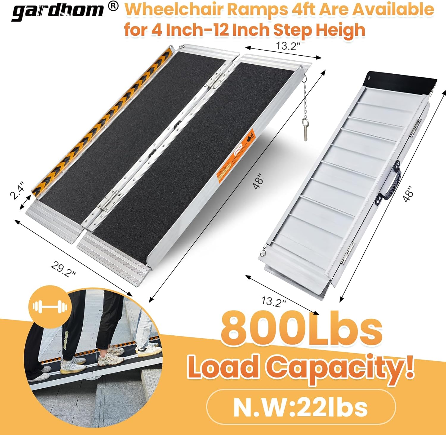 Wheelchair Ramps 4FT, gardhom Foldable Ramps for Wheelchairs Portable Aluminum 362kg Capacity Wheelchair Ramp for Home Entrance Threshold Doorways-1