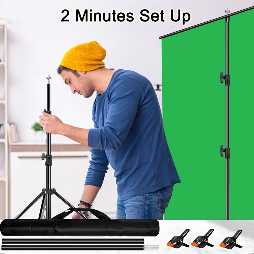 Heysliy Green Screen Background with Stand 2x2M/6.5x6.5Ft,1.5 x2M GreenScreen Photography Backdrop Kit for Gaming,Photo Studio,Stream,Chroma Key-1