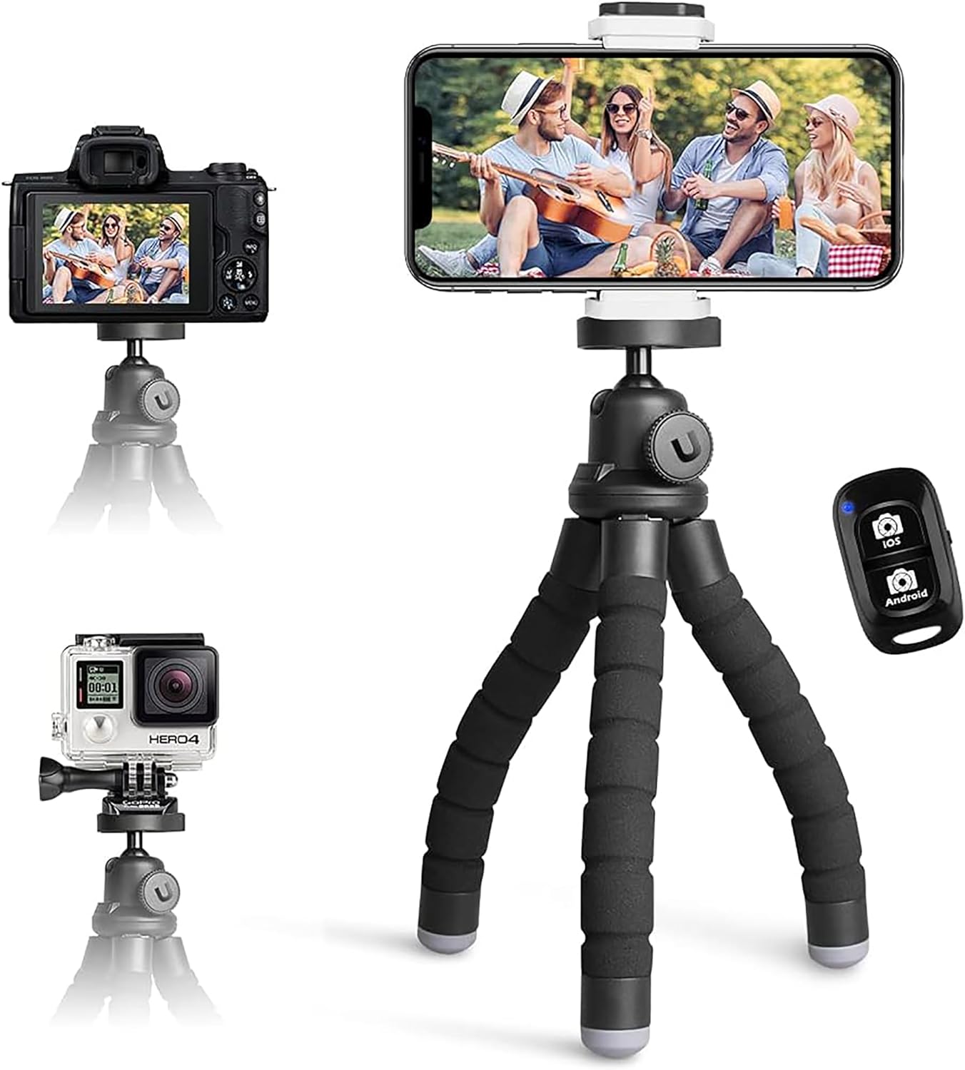 UBeesize Mobile Phone Tripod, Mini Mobile Phone Tripod with Bluetooth Remote Control & Phone Holder, 360° Rotation Flexible Travel Tripod for Smartphone, DSLR Camera-0