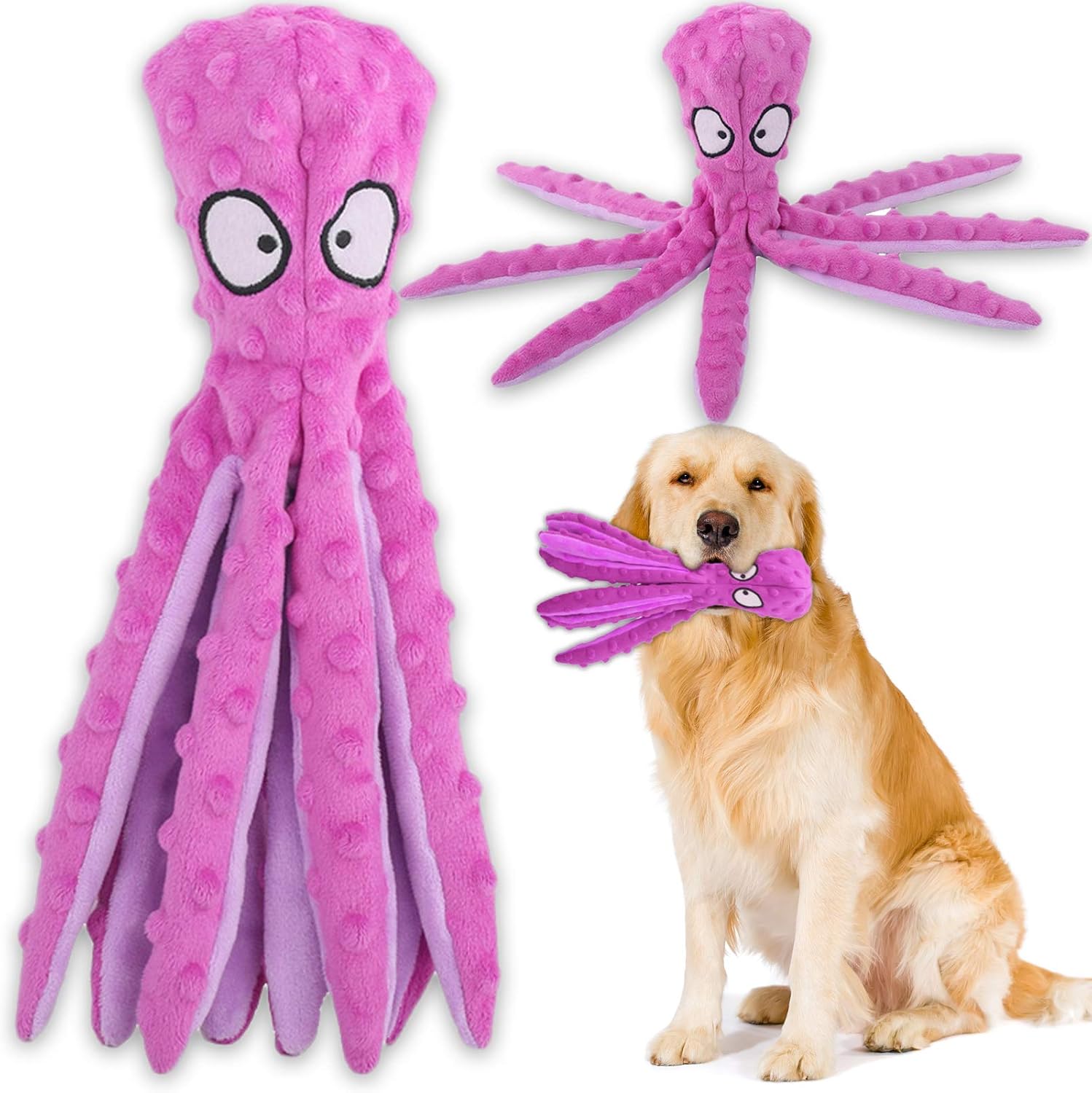 Acehome Squeaky Dog Interactive Play Toy,No Stuffing Octopus Dog Chew Toy with Crinkle Paper for Medium and Large Dog Playing (Purple)-0