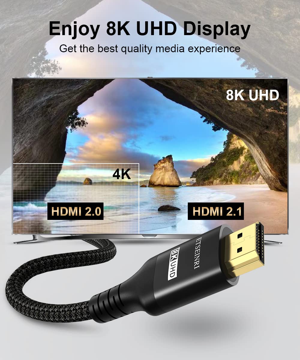 Etseinri 2024 Newest 10K 8K HDMI Cable 2M, Certified 48Gbps Ultra High Speed HDMI® Cable 4K 144Hz 120Hz 2K 240Hz 10K 8K60Hz eARC HDCP2.3 HDR10+ Compatible with PS5 X-box HDTV Monitor-1