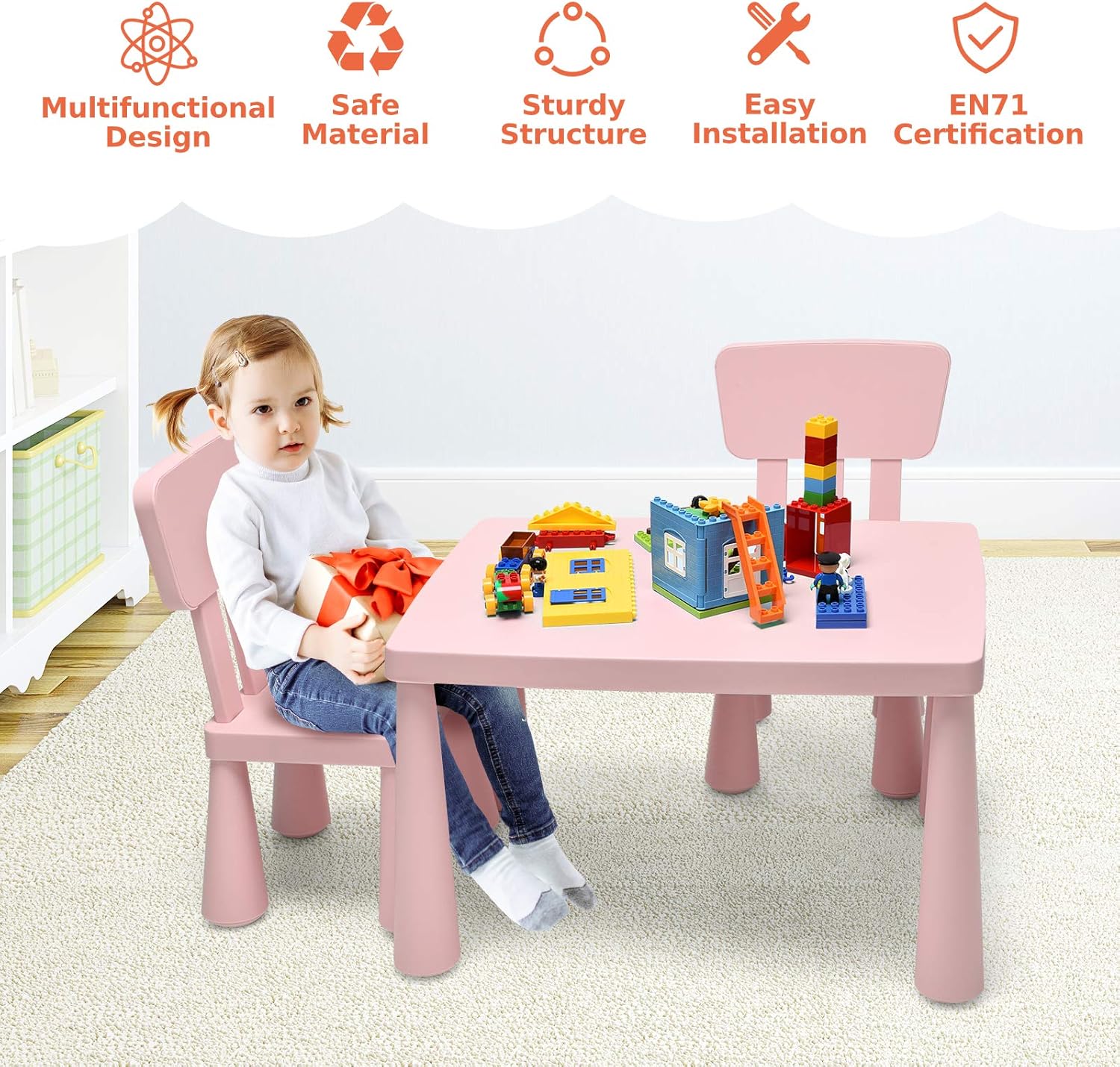 GYMAX Kids Table and Chair Set, Children Activity Table with 2 Chairs, Multifunction Nursery Furniture for Playing, Learning, Eating and Drawing (Pink)-1