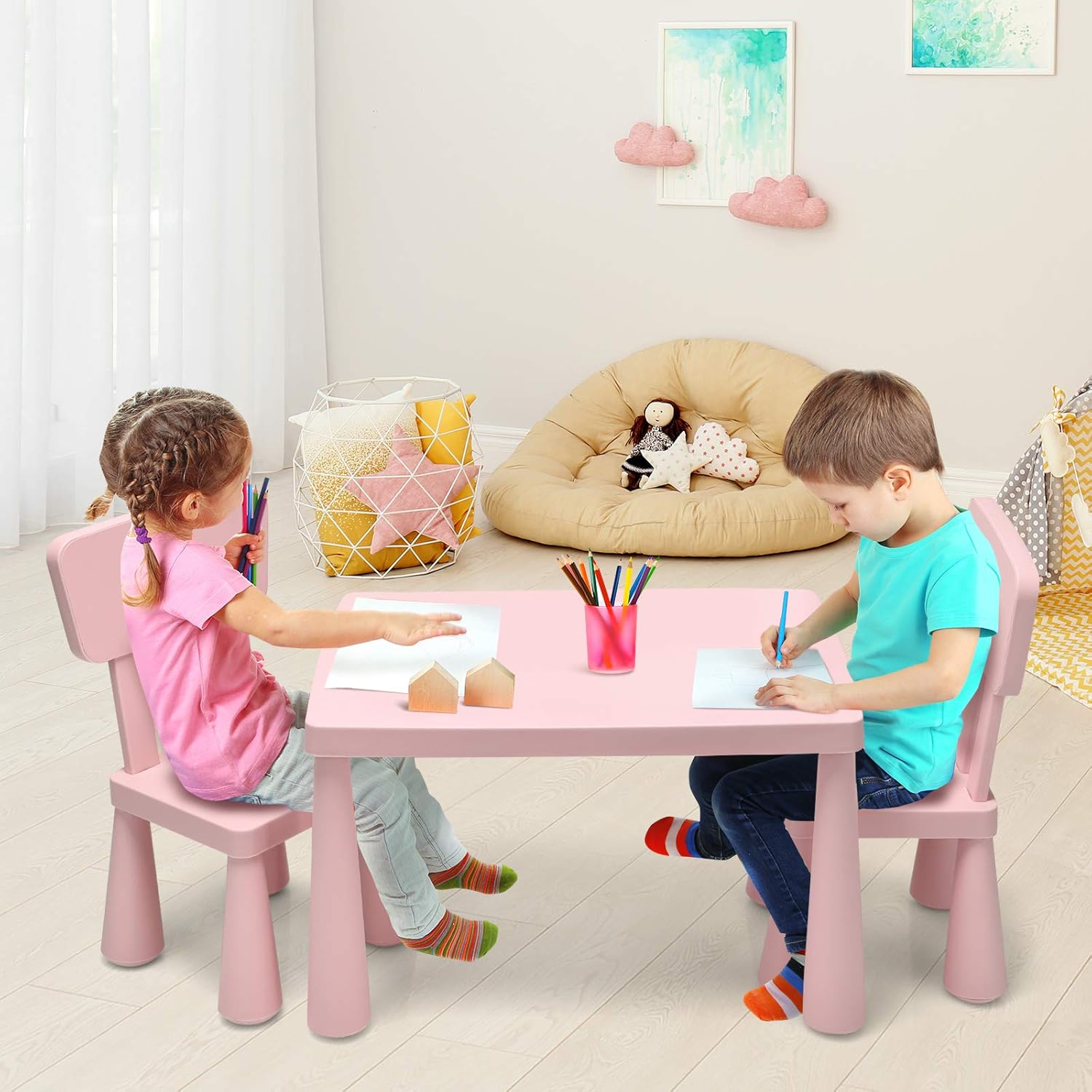 GYMAX Kids Table and Chair Set, Children Activity Table with 2 Chairs, Multifunction Nursery Furniture for Playing, Learning, Eating and Drawing (Pink)-2