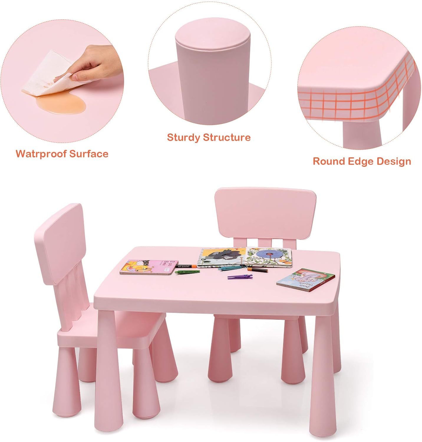 GYMAX Kids Table and Chair Set, Children Activity Table with 2 Chairs, Multifunction Nursery Furniture for Playing, Learning, Eating and Drawing (Pink)-3