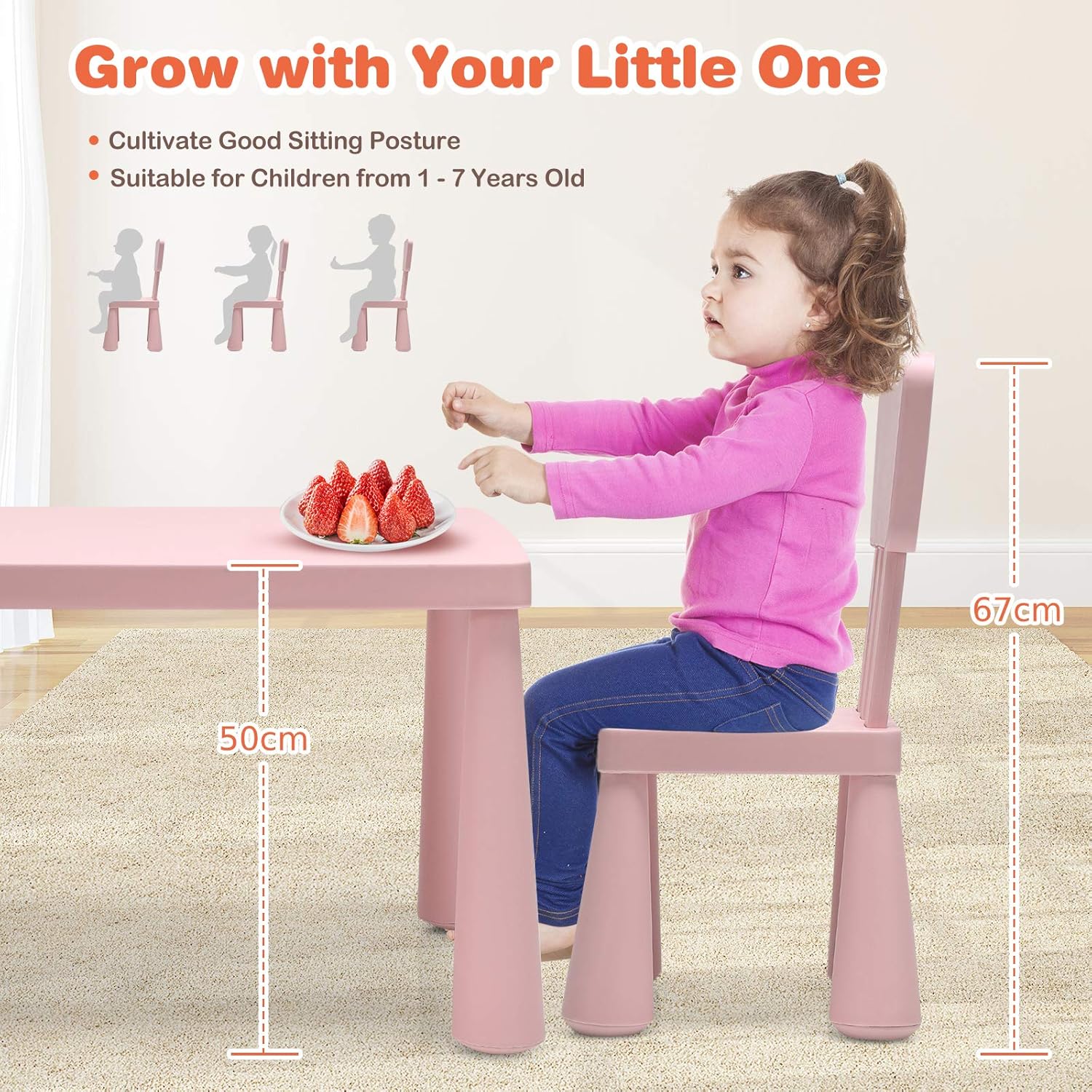 GYMAX Kids Table and Chair Set, Children Activity Table with 2 Chairs, Multifunction Nursery Furniture for Playing, Learning, Eating and Drawing (Pink)-5