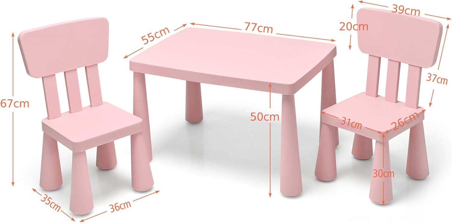 GYMAX Kids Table and Chair Set, Children Activity Table with 2 Chairs, Multifunction Nursery Furniture for Playing, Learning, Eating and Drawing (Pink)-6