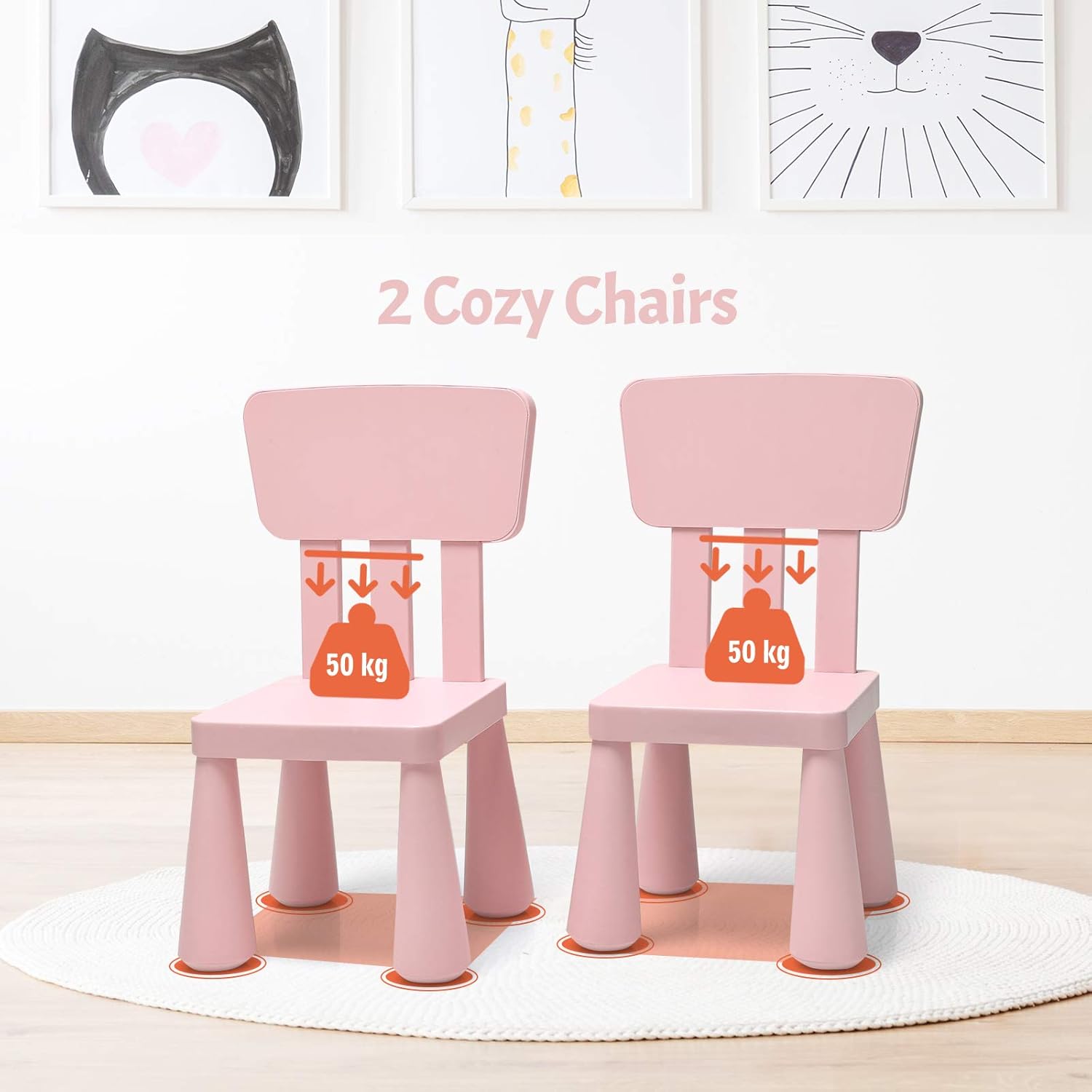 GYMAX Kids Table and Chair Set, Children Activity Table with 2 Chairs, Multifunction Nursery Furniture for Playing, Learning, Eating and Drawing (Pink)-7