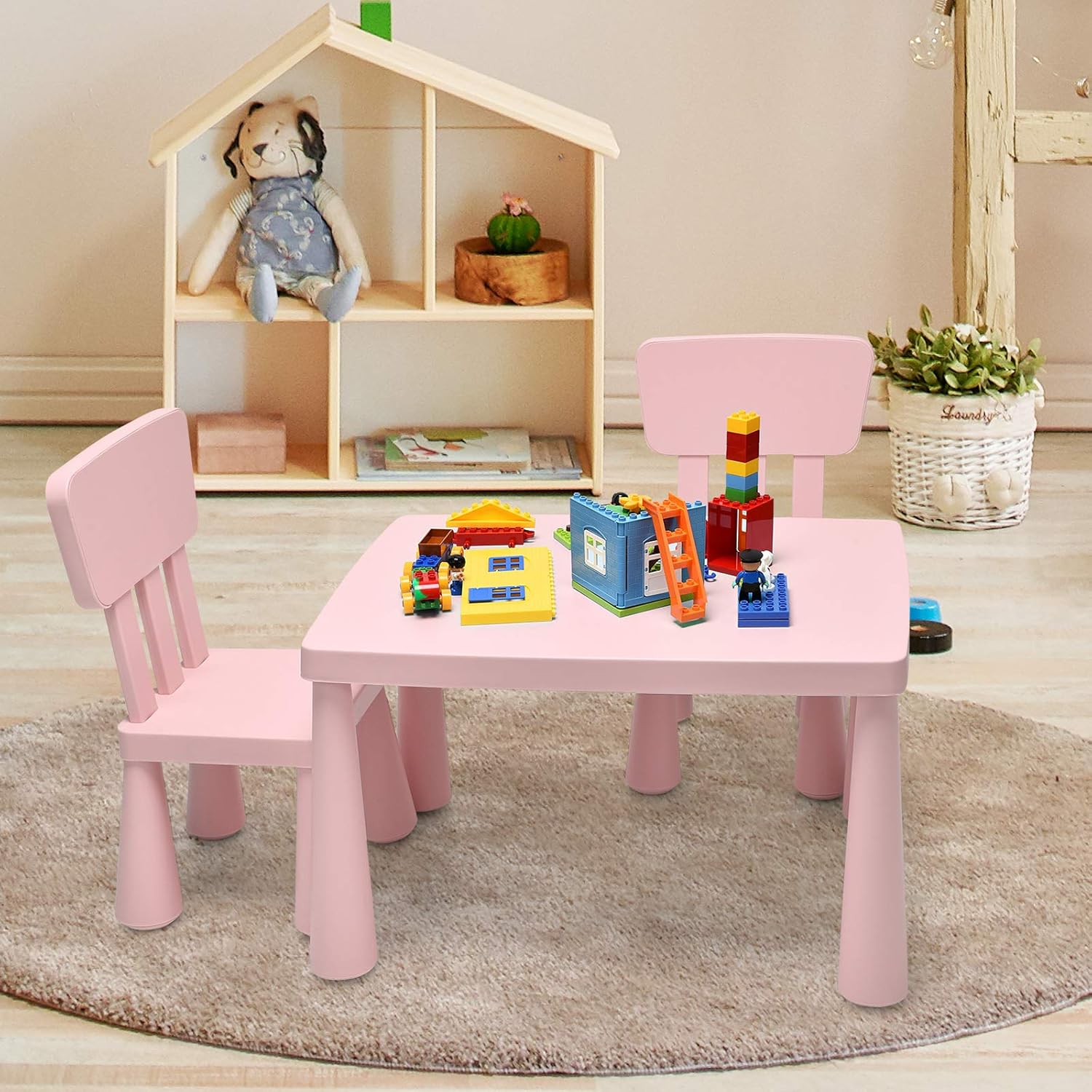 GYMAX Kids Table and Chair Set, Children Activity Table with 2 Chairs, Multifunction Nursery Furniture for Playing, Learning, Eating and Drawing (Pink)-8