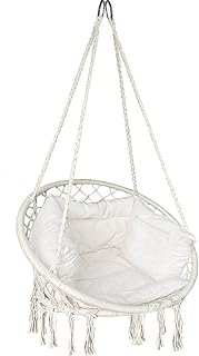 VOUNOT Hanging Chair with Cushion, Macrame Hammock Swing Chair for Bedroom, Balcony, Patio, Garden, Indoor or Outdoor, 265LBS Capacity, Beige