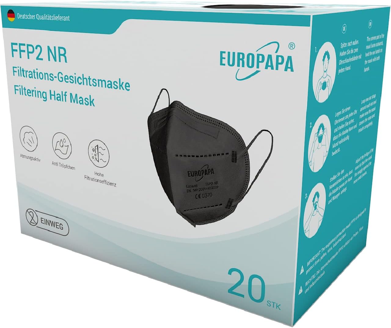 EUROPAPA 20x FFP2 Black Mask Respirator 5-Layer Dust Mask Hygienically Individually Packed Body Certified EN149:2001+A1:2009 Mouth Mask EU2016/425-0