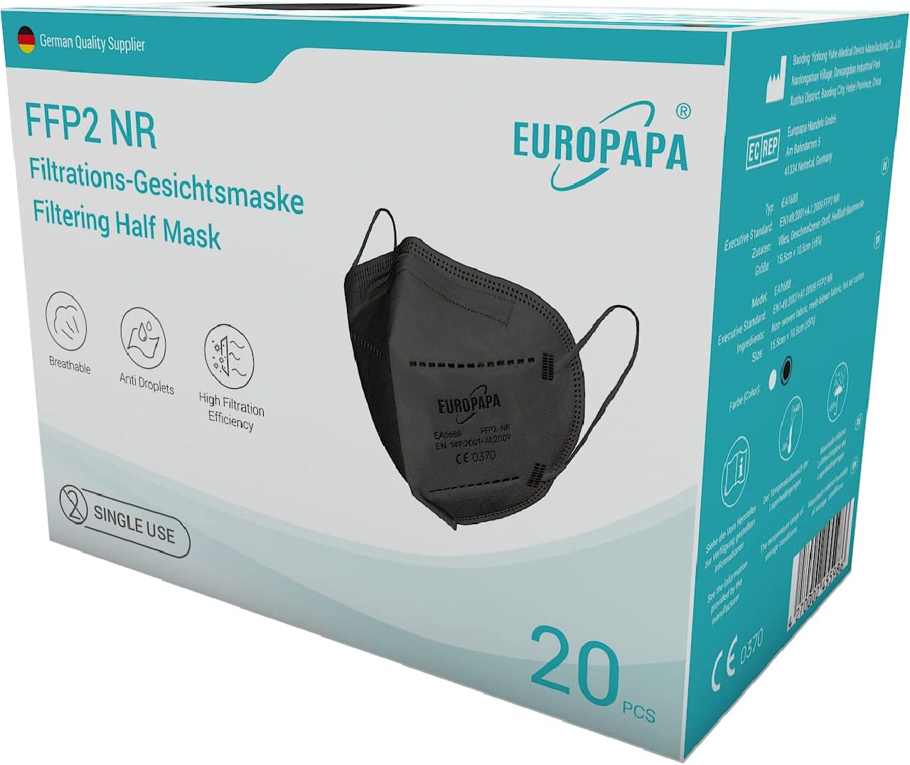 EUROPAPA 20x FFP2 Black Mask Respirator 5-Layer Dust Mask Hygienically Individually Packed Body Certified EN149:2001+A1:2009 Mouth Mask EU2016/425-2