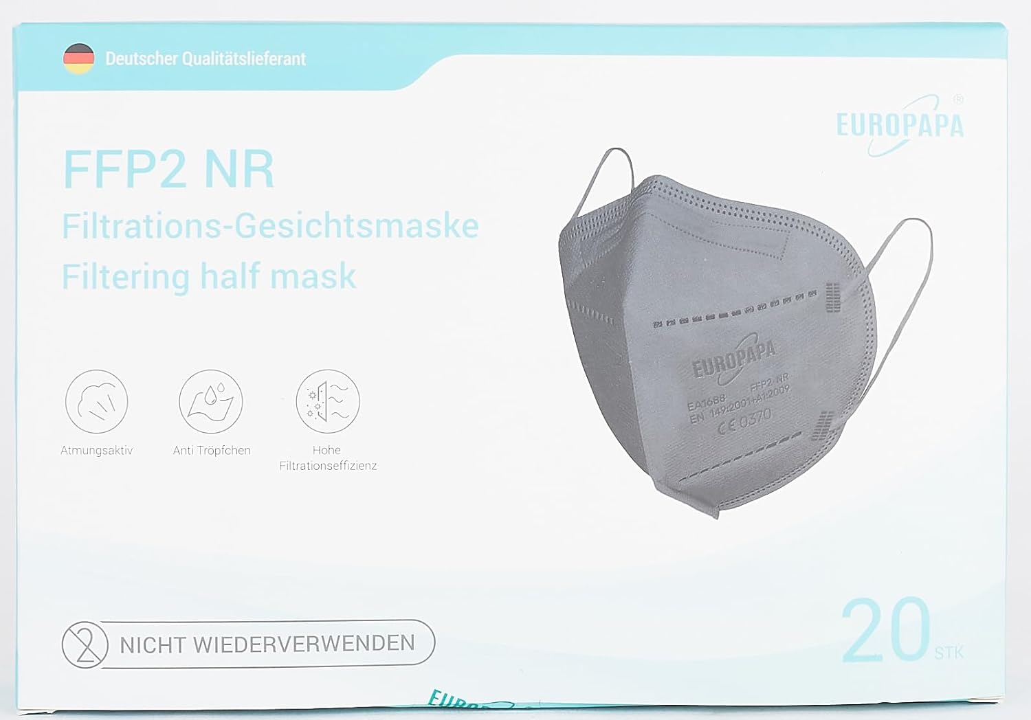 EUROPAPA 20x FFP2 Black Mask Respirator 5-Layer Dust Mask Hygienically Individually Packed Body Certified EN149:2001+A1:2009 Mouth Mask EU2016/425-8