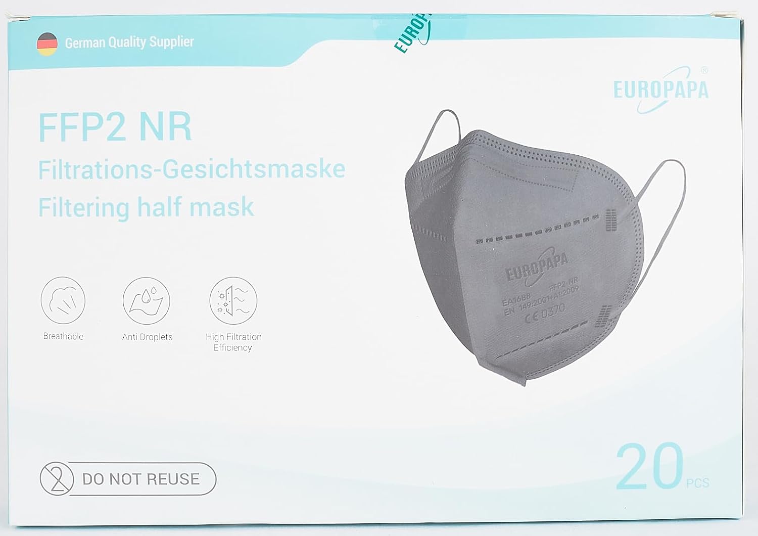 EUROPAPA 20x FFP2 Black Mask Respirator 5-Layer Dust Mask Hygienically Individually Packed Body Certified EN149:2001+A1:2009 Mouth Mask EU2016/425-9