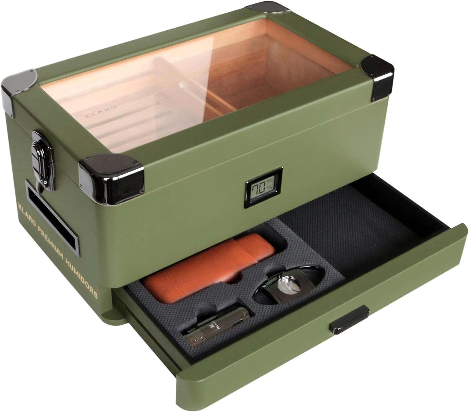 Case Elegance Military Glass Top Humidor, Matte Green with Front Digital Hygrometer, Spanish Cedar, Humidor Solution, Hydro System, and Accessory Foam Drawer - Holds (70-100 Cigars) by Klaro-0