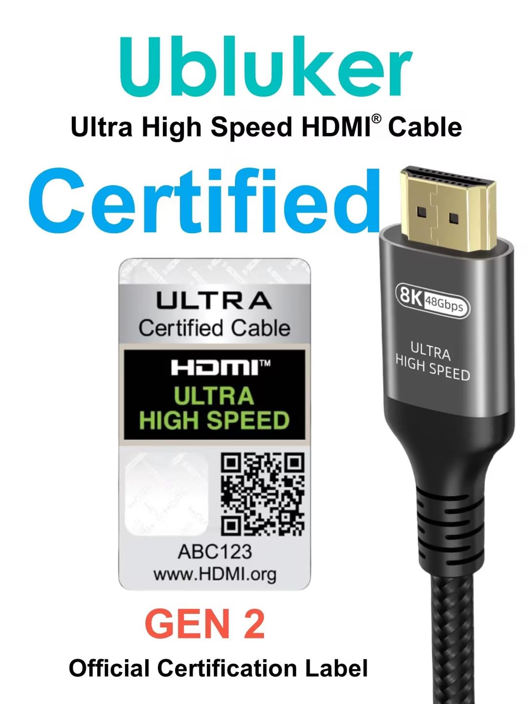 Ubluker 10K 8K 4K HDMI Cable 48Gbps 1M, Certified Ultra High Speed HDMI® Cable 4K 240Hz 144Hz 8K 60Hz 0.01ms HDR10+ ARC eARC HDCP2.3 Netflix Roku TV PC Monitor Projector PS5 4 Xbox-1