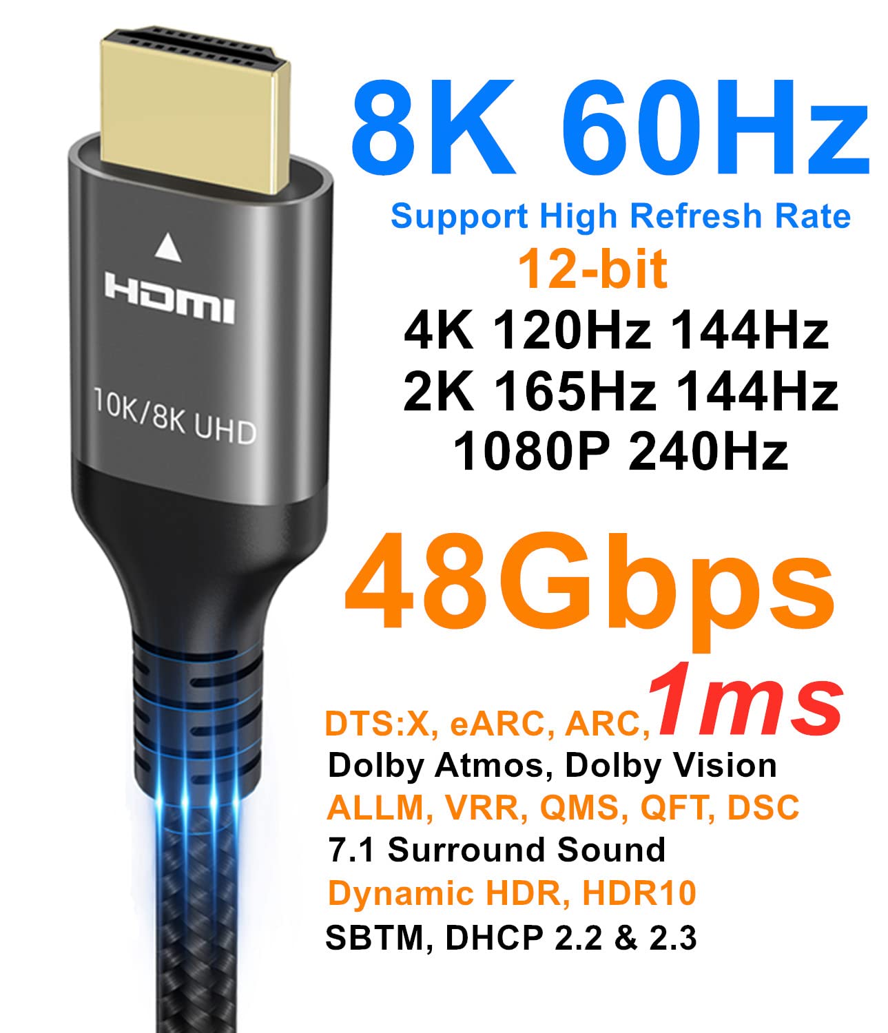 Ubluker 10K 8K 4K HDMI Cable 48Gbps 1M, Certified Ultra High Speed HDMI® Cable 4K 240Hz 144Hz 8K 60Hz 0.01ms HDR10+ ARC eARC HDCP2.3 Netflix Roku TV PC Monitor Projector PS5 4 Xbox-2