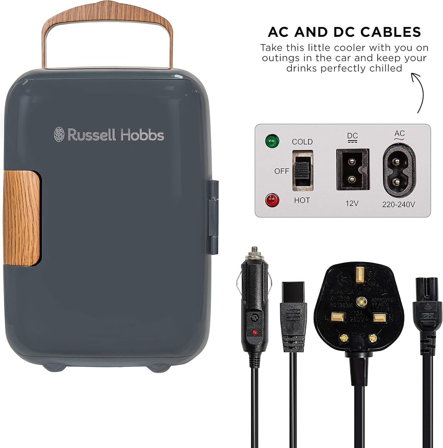 Russell Hobbs RH4CLR1001SCG 4L/6 Can Mini Portable Cooler & Warmer for Drinks, Cosmetics/Makeup/Skincare, AC/DC Power, Scandi Style, Grey & Wood Effect, For Bedroom, Home, Caravan, Car-1