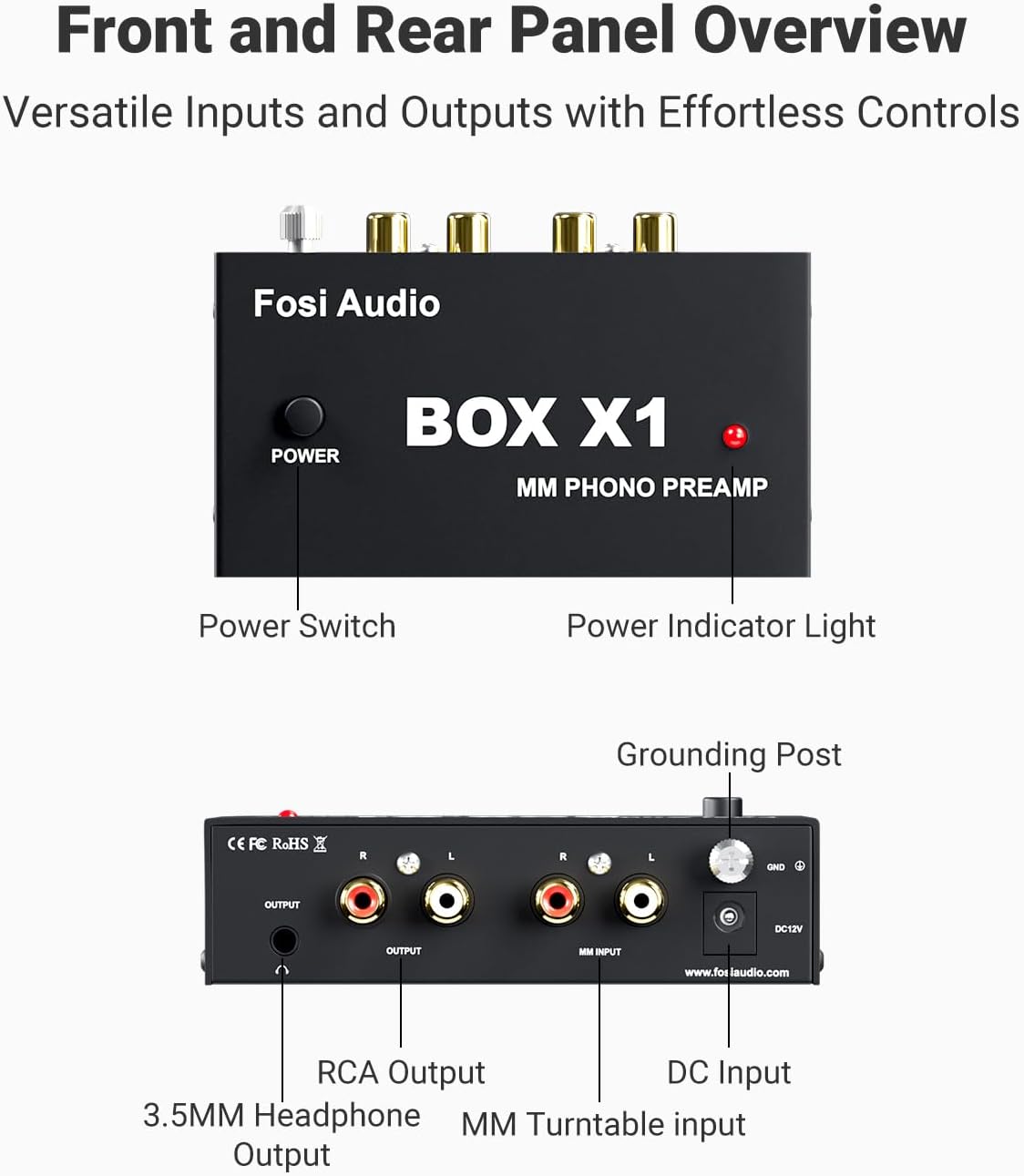 Fosi Audio BOX X1 Phono Preamp for MM Turntables with 3.5MM Headphone and RCA Output, Mini Phono Preamplifier with Power Switch for Phonograph/Record Player, DC 12V Power Adapter Included-5