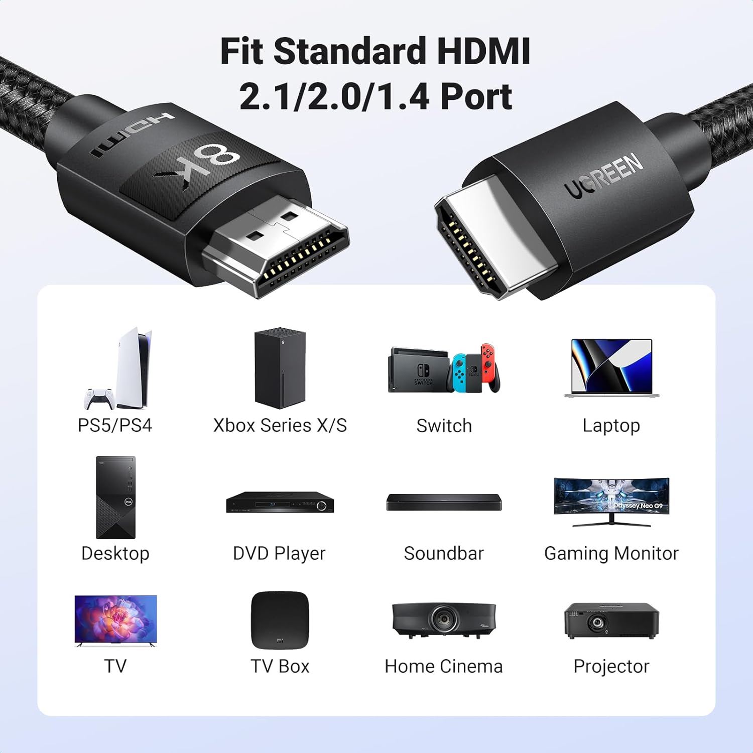 UGREEN HDMI 2.1 Cable 10K 8K 4K 1440P@240/165/144/120Hz eARC HDR Ultra High Speed 48Gbps HDCP 2.3 Dolby Atmos Vision Compatible with PS5/4 Xbox Series S/X Soundbar TV Gaming Monitor Laptop PC DVD(2M)-5