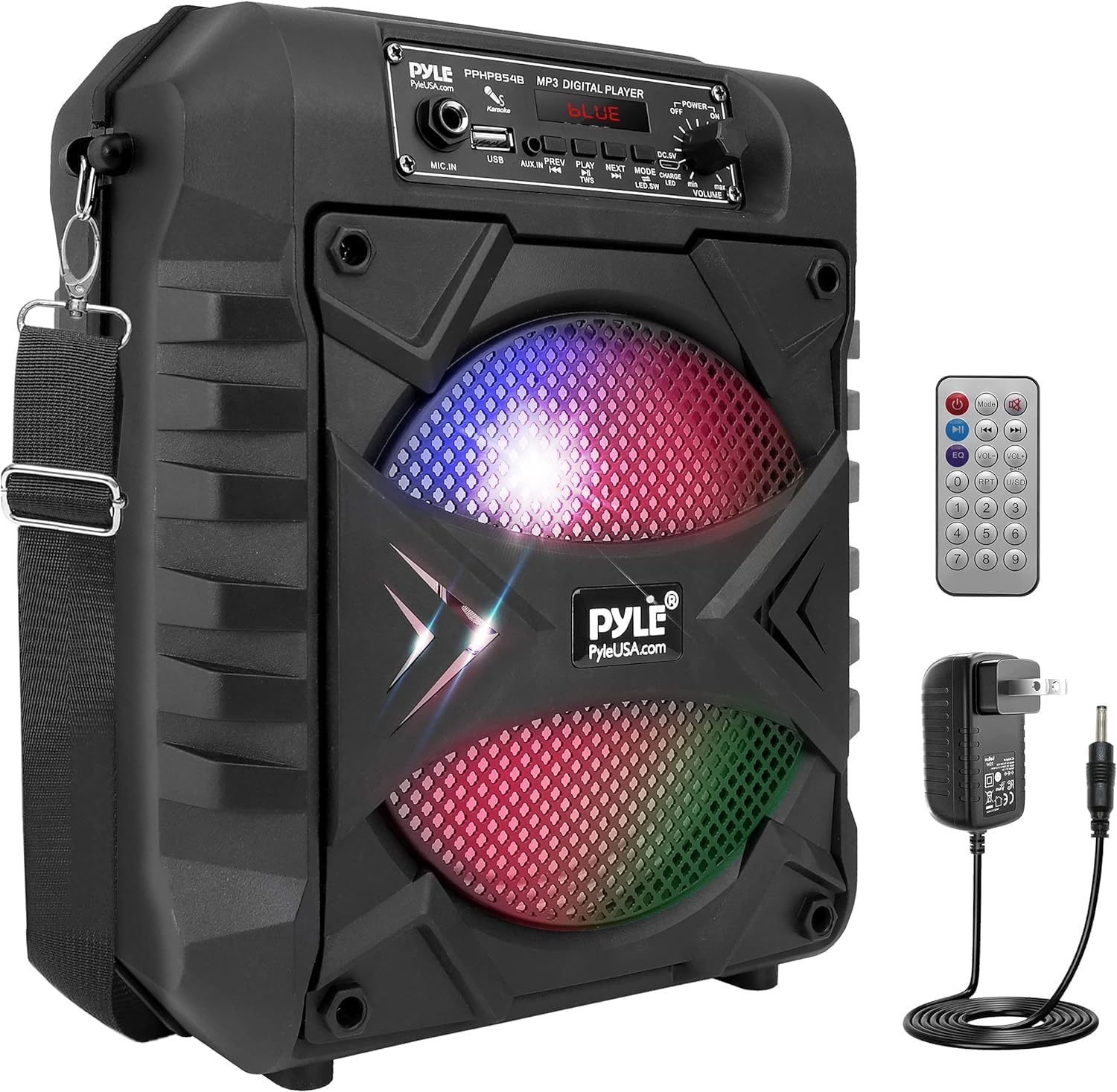 Pyle, Portable Bluetooth PA Speaker System – 300W Rechargeable Party Speaker, w/ 8” Subwoofer, AUX, Microphone in, Party Lights, MP3/USB, Radio, Remote Controller, Easily Portable with Handles & Strap-0