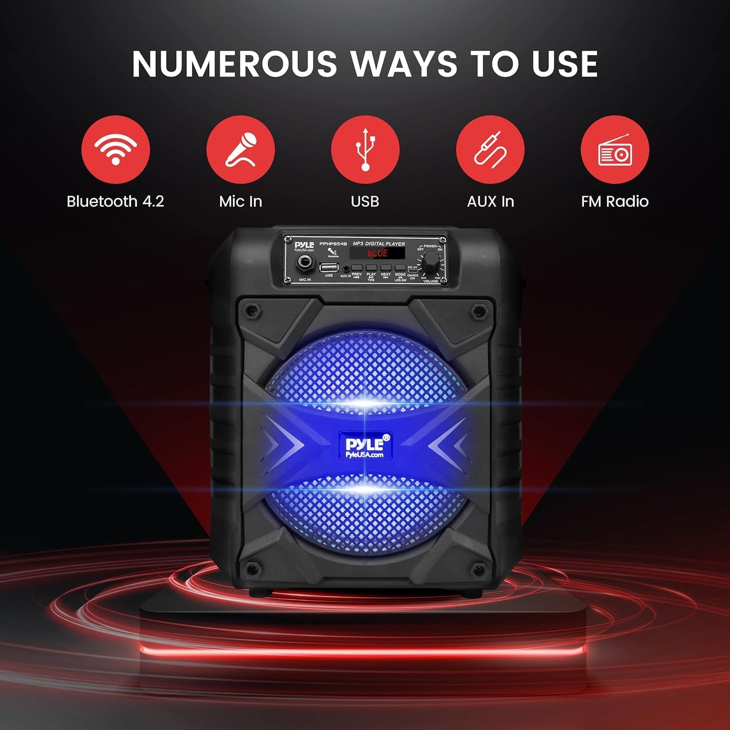 Pyle, Portable Bluetooth PA Speaker System – 300W Rechargeable Party Speaker, w/ 8” Subwoofer, AUX, Microphone in, Party Lights, MP3/USB, Radio, Remote Controller, Easily Portable with Handles & Strap-2