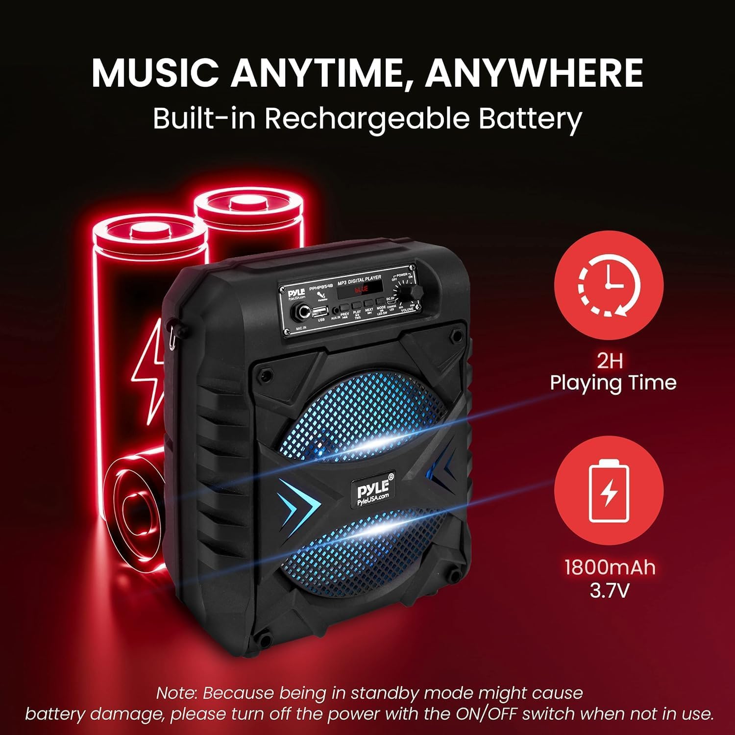 Pyle, Portable Bluetooth PA Speaker System – 300W Rechargeable Party Speaker, w/ 8” Subwoofer, AUX, Microphone in, Party Lights, MP3/USB, Radio, Remote Controller, Easily Portable with Handles & Strap-4